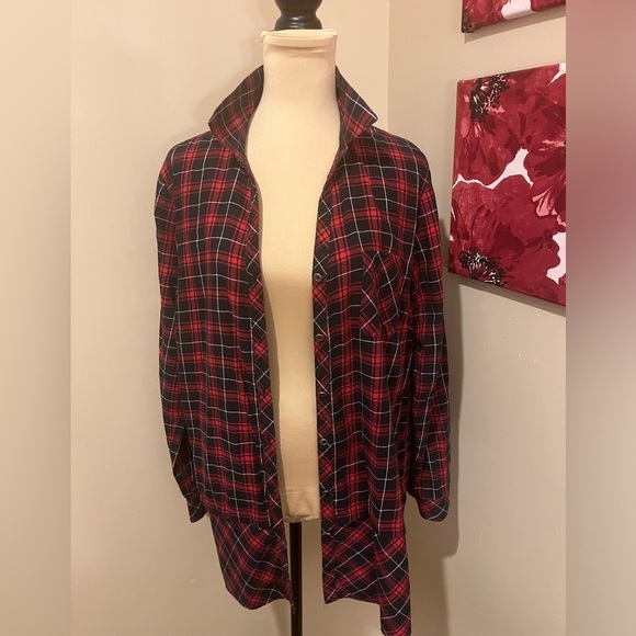 J. Jill Plaid Button Up Red Black Tunic Long Sleeve Shirt, peplum, size Large - Picture 4 of 6